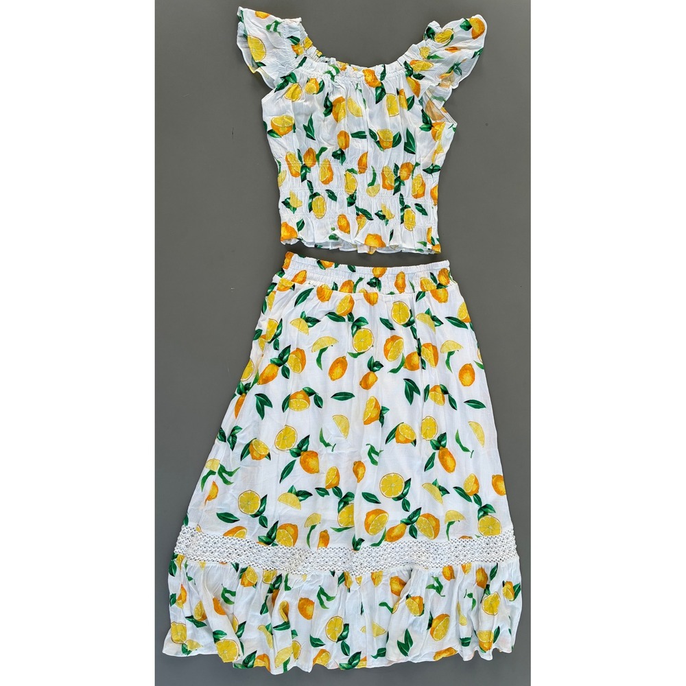 Juicy Couture Lemon Squeeze 2 Piece Set Smocked Top & Midi Skirt Medium Boho